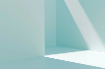 Poster - minimalistic interior scene featuring a light blue wall a white shelf and soft shadows creating a tranquil and modern atmosphere.