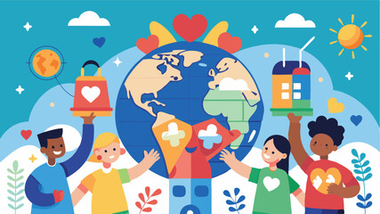 Poster - Diverse community gathering around a colorful globe representing unity, culture, and connection among individuals of various backgrounds