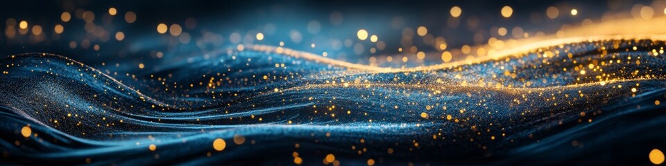Poster - Glowing Waves of Gold and Blue Shimmer Under Soft Light, Creating a Mesmerizing Dance of Colors Reminiscent of a Dreamy Night Sky