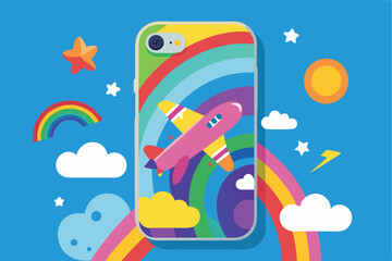 Poster - Vector illustration of a colorful phone case featuring an airplane and a vibrant rainbow against a cheerful yellow background