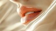 © ThuyTrang - Close-up of lips with a muted peach tone, glossy and dewy, ultra-realistic folds and cracks illuminated by diffused sunlight, sharp focus on textures, with a blurred creamy background,