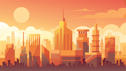 Poster - Vibrant sunset over a modern skyline with skyscrapers and clouds in a vector illustration