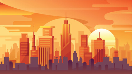 Poster - Vibrant sunset over a modern skyline with skyscrapers and clouds in a vector illustration