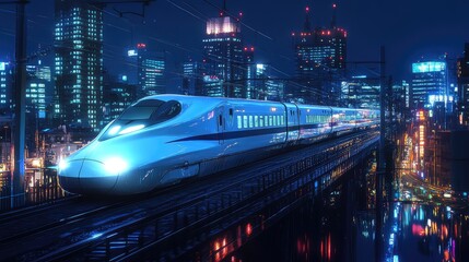 Wall Mural - A high-speed train traveling through a city at night, with glowing lights from skyscrapers and street lamps creating a dynamic, vibrant atmosphere