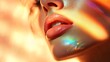 © ThuyTrang - Full lips in a light peach tint, subtle glossy finish with a dewy glow, illuminated by warm natural light, sharp focus on fine textures, surrounded by a blurred pastel background,