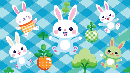 Poster - Colorful vector illustration of playful rabbits surrounded by flowers and clouds on a blue checkered background