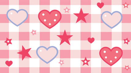 Poster - Colorful hearts and stars pattern on a blue and white checkered background for cheerful design projects