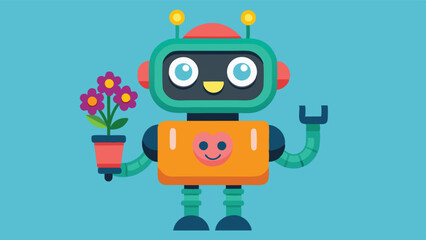 Poster - Cheerful robot holding flowers and hearts in a bright blue background, representing love and friendship in a modern, playful design