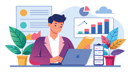 Poster - Business professional using laptop in modern workspace with charts and plants for productivity and creativity enhancement