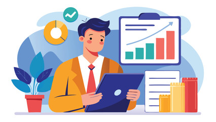 Poster - Business professional using laptop in modern workspace with charts and plants for productivity and creativity enhancement