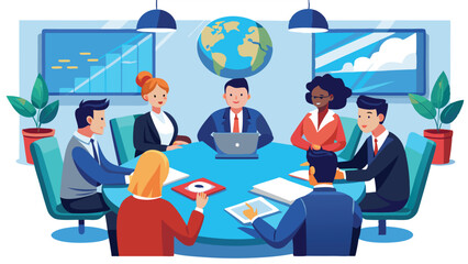 Aufkleber - Diverse team collaborating in a modern office environment with a global perspective and technology using laptops for efficient communication and planning