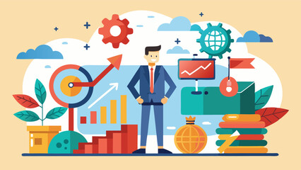 Poster - Vector illustration depicting business professionals analyzing market growth through data and strategies in a modern office setting