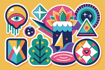 Poster - Colorful vector art collection showcasing geometric shapes and bold designs against a vibrant purple background
