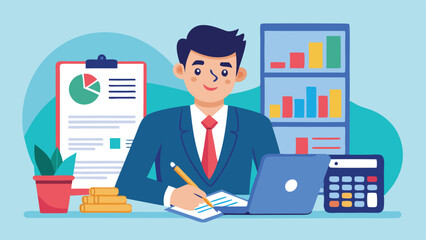 Poster - Business professional analyzing data and reports while sitting at a desk with charts and a calculator in a modern office setting