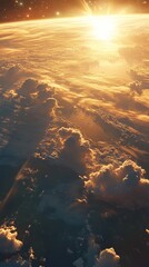Wall Mural - Sunrise illuminating earth's atmosphere from space with clouds and stars