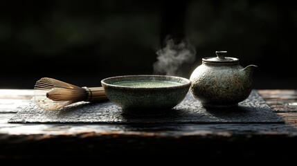 Wall Mural - A steaming bowl of hot green tea, with a traditional tea set, on a wooden table.