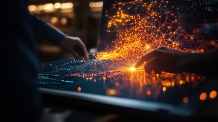 Poster - Innovative Minds Explore Complex Data Connections Through Luminous Network Mapping in a Futuristic Workspace at Dusk