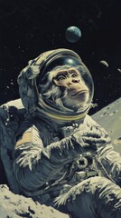 Wall Mural - monkey astronaut contemplating earth from the moon surface