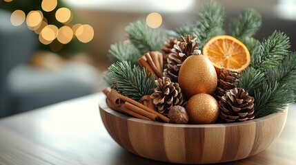 Wall Mural - A basket of shiny Christmas baubles nestled among snowy pine branches.