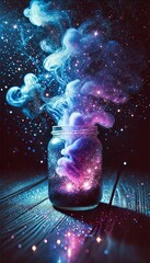 Wall Mural - magical glitter blue-purple smoke/dust in a glass with a dark background