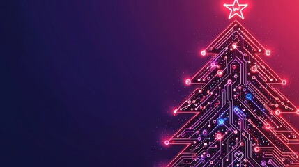 Wall Mural - A digital Christmas tree design featuring glowing circuits and a star, set against a dark purple background.