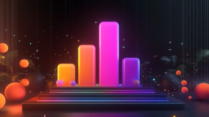 Leinwandbilder - Glossy 3D Graph with Colorful Shapes and Neon Lights on Dark Background