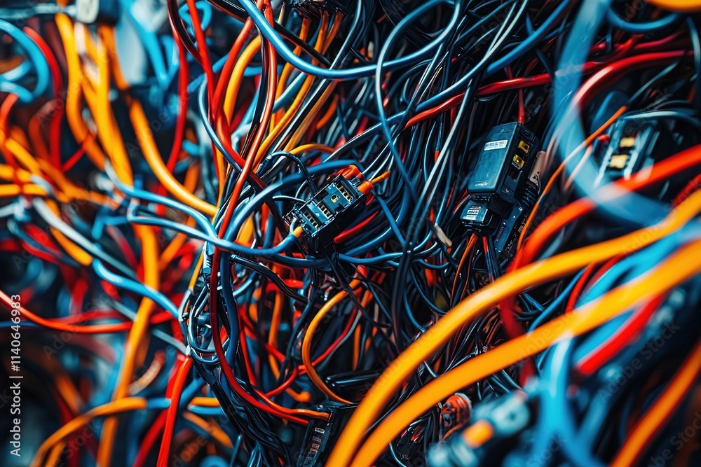 Tangled cables , wires and connectors of computer and internet network ...
