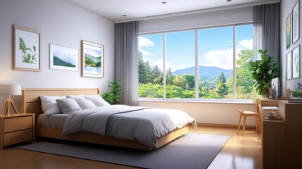 Wall Mural - Cozy and Modern Bedroom with Natural Light, Scenic View of Mountains and Lush Greenery