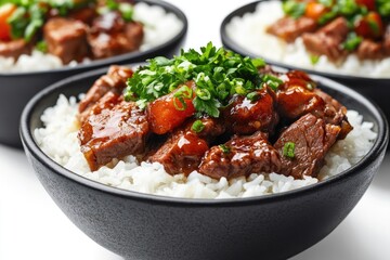 Wall Mural - Tasty beef stew with white rice and herbs in black bowls