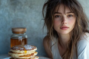 Wall Mural - young woman enjoying pancakes with honey and powdered sugar for breakfast