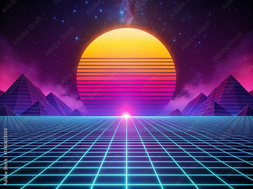 Retro Video Game Background, Minimalist 80s Pixel Art, Synthwave