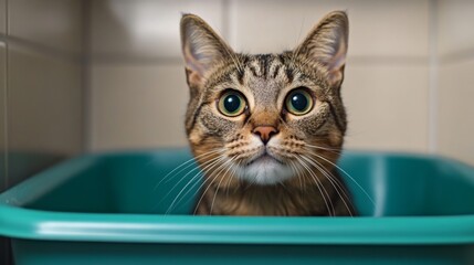 Poster - Adorable Tabby Cat with Big Eyes Peering from Litter Box