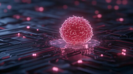 Poster - A glowing red sphere on a dark circuit board, symbolizing advanced technology and digital innovation.
