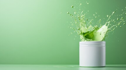 Poster - A vibrant and dynamic image capturing a green liquid splash emerging from a white container against a green background, symbolizing creativity and freshness.