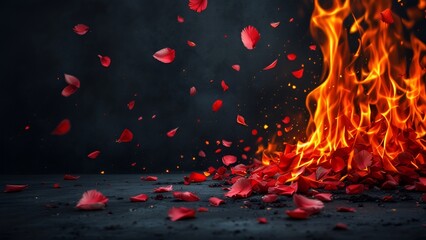 Wall Mural - dramatic and evocative scene with fiery petals and embers falling onto a dark textured background