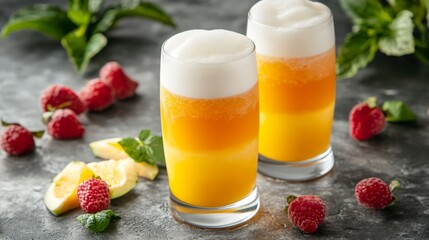 Poster - Refreshing Citrus Drink with Bubbles and Fresh Raspberries