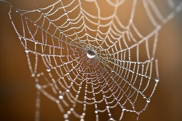 Morning dew on spider web, sparkling water droplets, macro nature photography, Generative AI