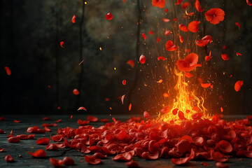 Wall Mural - dramatic and evocative scene with fiery petals and embers falling onto a dark textured background