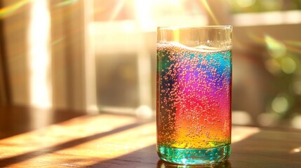 Poster - Colorful Sparkling Drink in a Glass with Sunlight Reflections