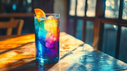 Poster - Colorful Refreshing Drink with Ice and Orange Slice on Table