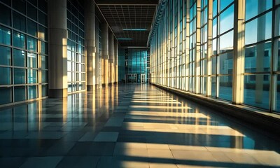 Wall Mural - Spacious corridor with large glass windows.