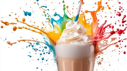 Poster - A vibrant explosion of multicolored paint splashes around a whipped cream-topped dessert drink, symbolizing creativity, joy, and the playful spirit of artful expression.