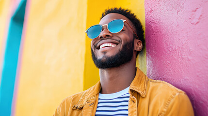 Happy young man with sunglasses smiling against vibrant colorful wall background in sunny outdoor setting capturing joy and confidence in urban environment