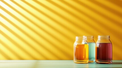 Poster - An artistic display of three glass jars containing colorful liquids, positioned on a table against a vibrant yellow background with diagonal light shadows.