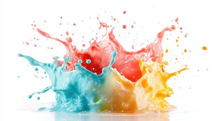 Poster - A dynamic explosion of blue, red, yellow, and orange paint splashes on a clean white background creates a vivid and energetic abstract art piece full of motion.