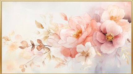 Poster - Floral painting displaying soft peonies and gentle leaves art studio digital artwork serene atmosphere aesthetic perspective