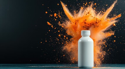 Poster - A white bottle stands against a dark backdrop as vibrant orange powder dramatically explodes behind it, capturing a moment of energy and motion in vivid color.