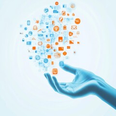 Poster - Digital Communication Emerges From a Human Hand With Vibrant Icons Representing Technology, Connection, and Innovation in a Modern Setting