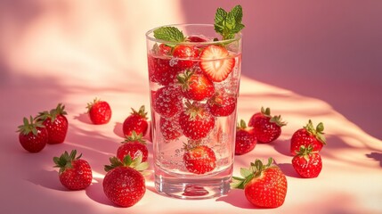 Poster - Refreshing Strawberry Drink with Bubbles and Fresh Mint Garnish