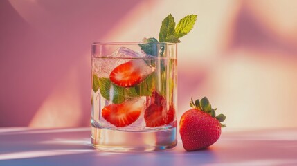 Poster - Refreshing Strawberry Mint Beverage with Ice and Fresh Ingredients